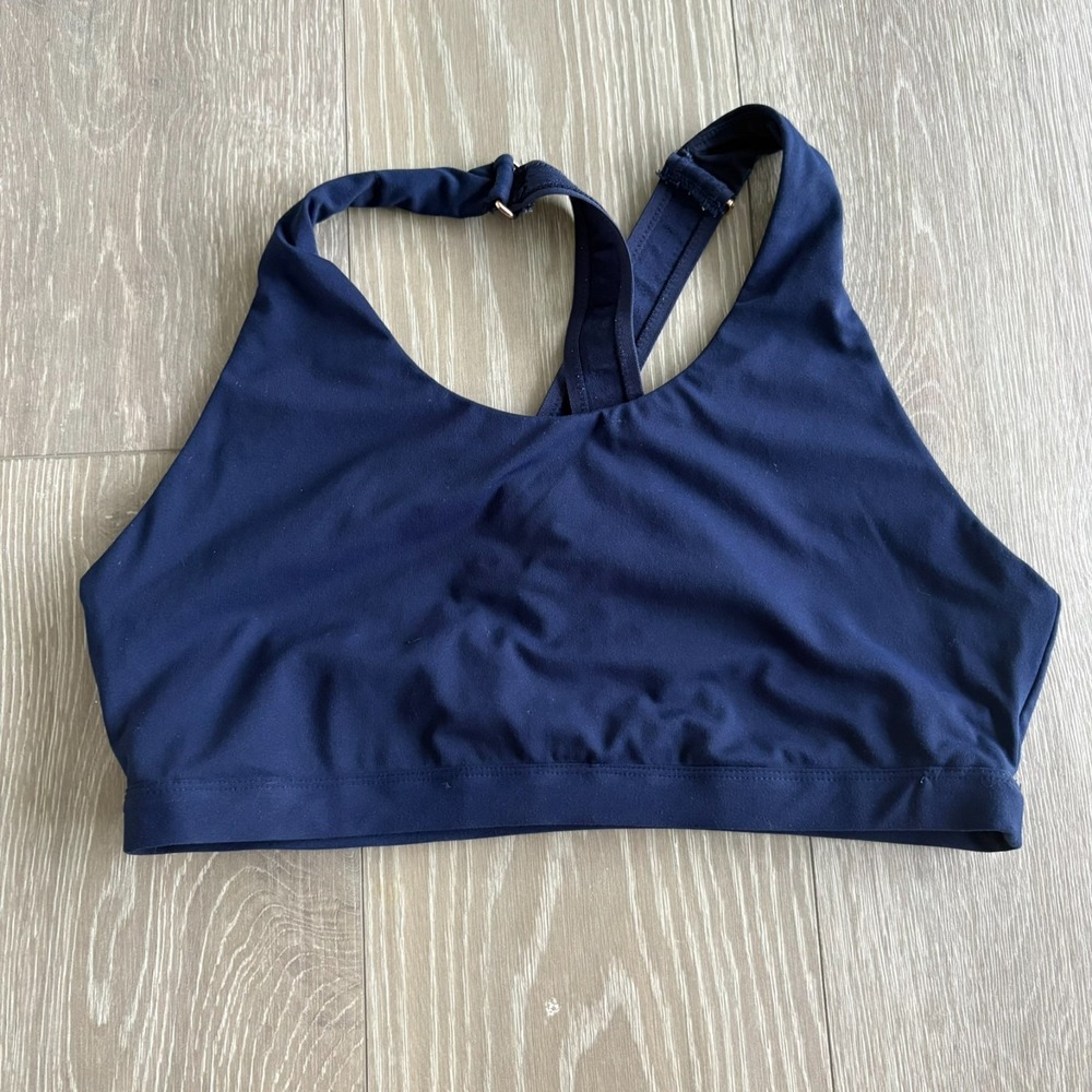 Fabletics Womens Navy Blue Strappy Back Fitted Vera Medium Impact Sports Bra L